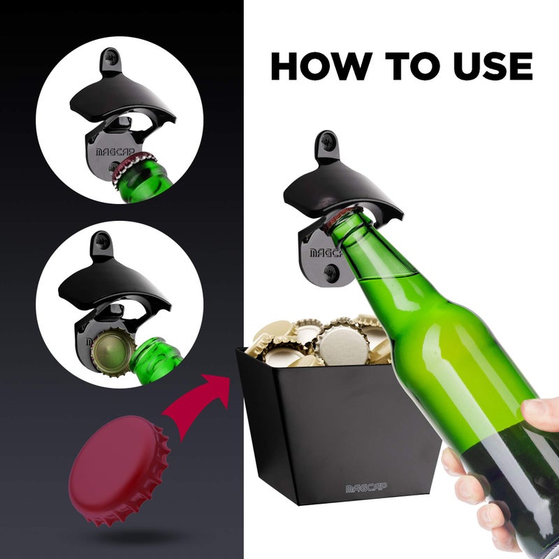 MAGCAP Magnetic Wall Mounted Bar - Style Bottle Opener and Bottle Cap Catcher Set for Beer and Sodas - Stylish, Easy to Install and Effortless to Use - Collects the Caps so You Don't Have to! - Image 4